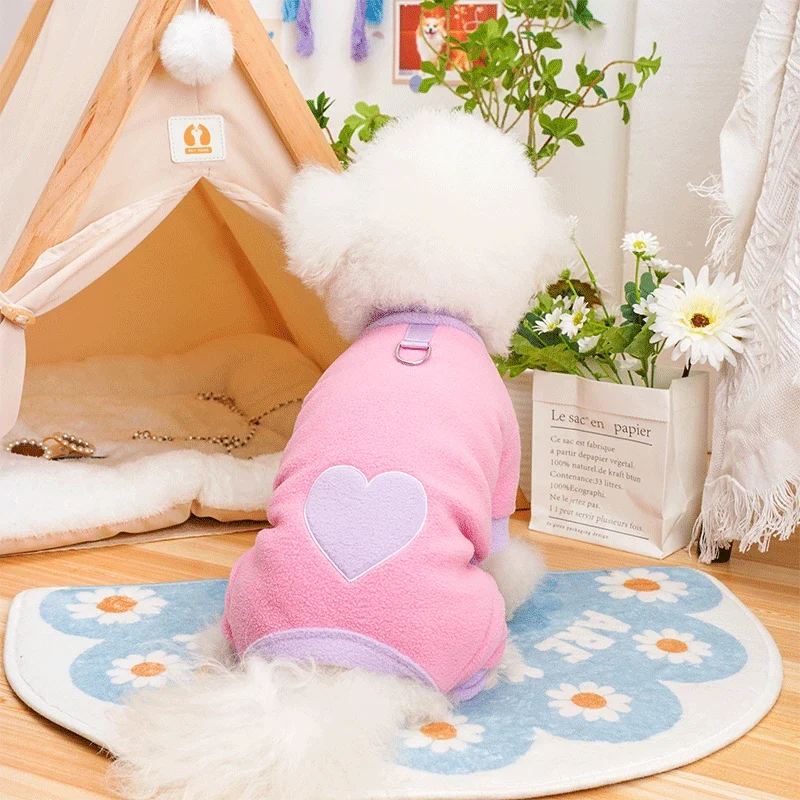 Heart Pattern Dog Pajamas for Small Dogs, Warm Fleece Dog Jumpsuit Yorkie Puppy Onesie Autumn Winter Clothes Chiwawa Pet Apparel