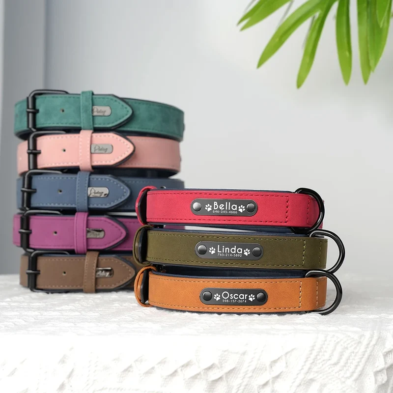 Personalized PU Leather Dog Collar Soft Padded Pet Dog Collars Engraved Name Paw Durable Necklace for Small Medium Large Dogs