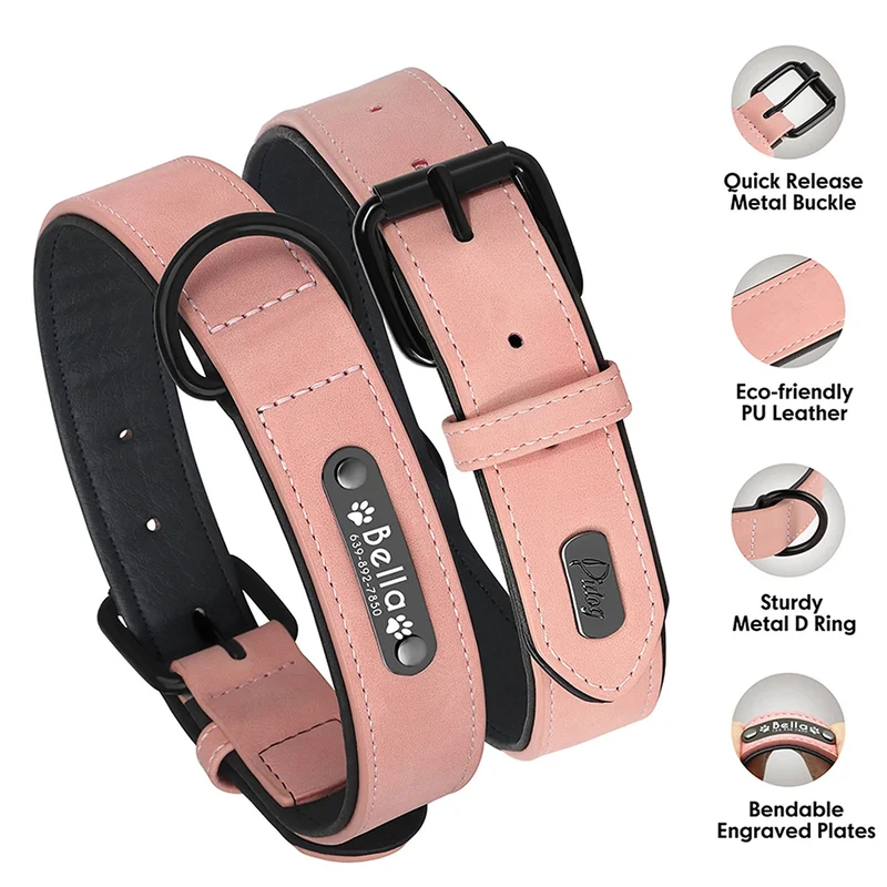 Personalized PU Leather Dog Collar Soft Padded Pet Dog Collars Engraved Name Paw Durable Necklace for Small Medium Large Dogs