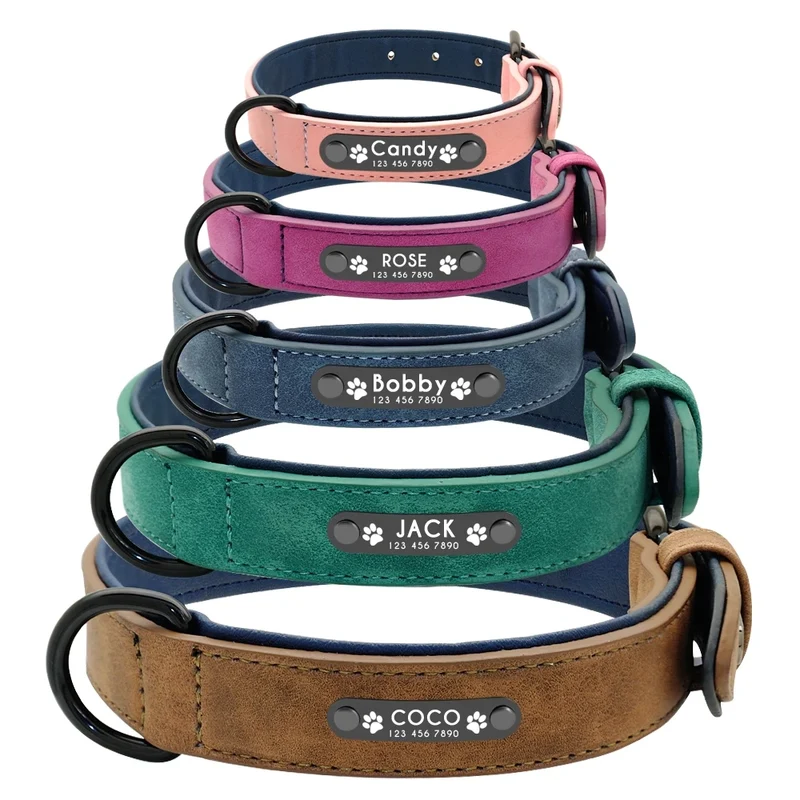 Personalized PU Leather Dog Collar Soft Padded Pet Dog Collars Engraved Name Paw Durable Necklace for Small Medium Large Dogs