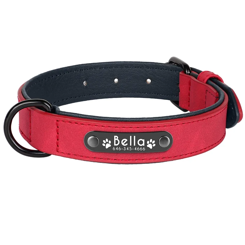 Personalized PU Leather Dog Collar Soft Padded Pet Dog Collars Engraved Name Paw Durable Necklace for Small Medium Large Dogs