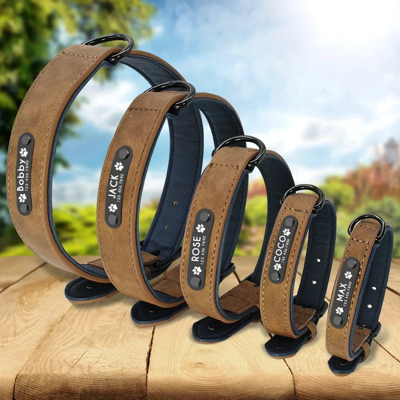 Personalized PU Leather Dog Collar Soft Padded Pet Dog Collars Engraved Name Paw Durable Necklace for Small Medium Large Dogs