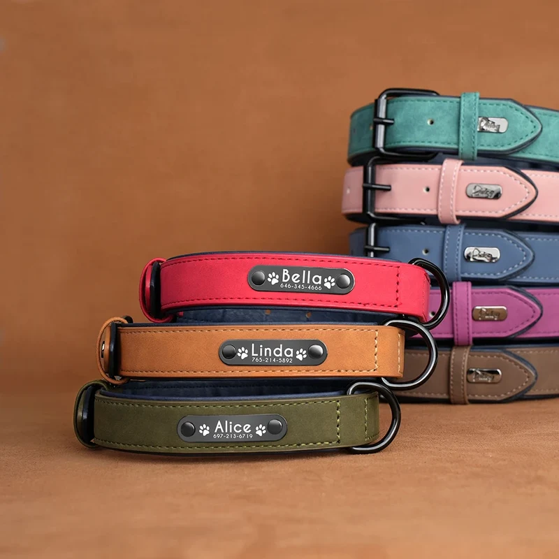 Personalized PU Leather Dog Collar Soft Padded Pet Dog Collars Engraved Name Paw Durable Necklace for Small Medium Large Dogs