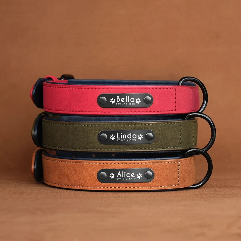 Personalized PU Leather Dog Collar Soft Padded Pet Dog Collars Engraved Name Paw Durable Necklace for Small Medium Large Dogs