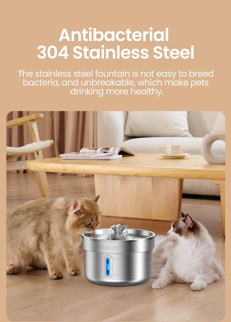 ROJECO Stainless Steel Pet Drinking Fountain Automatic Cat Water Fountain Smart Pet Water Dispenser for Dog Cat Drinking Supply