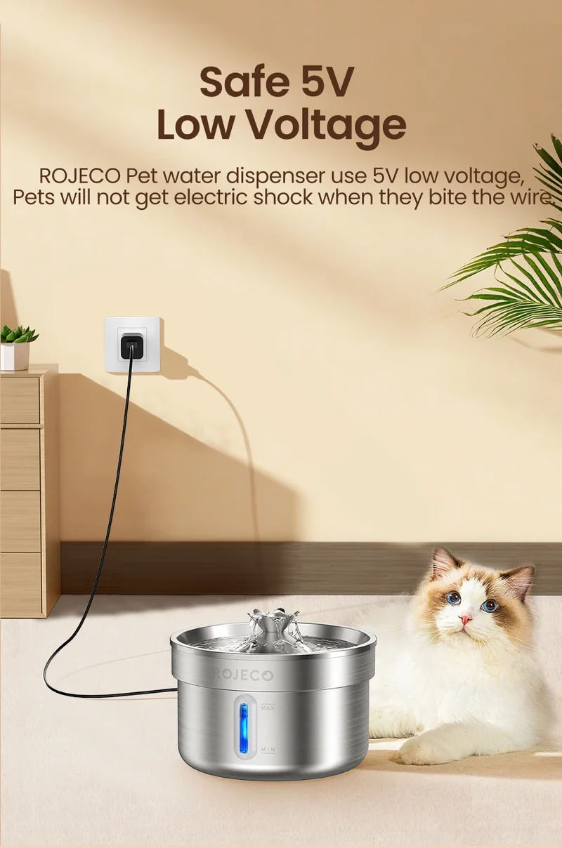 ROJECO Stainless Steel Pet Drinking Fountain Automatic Cat Water Fountain Smart Pet Water Dispenser for Dog Cat Drinking Supply