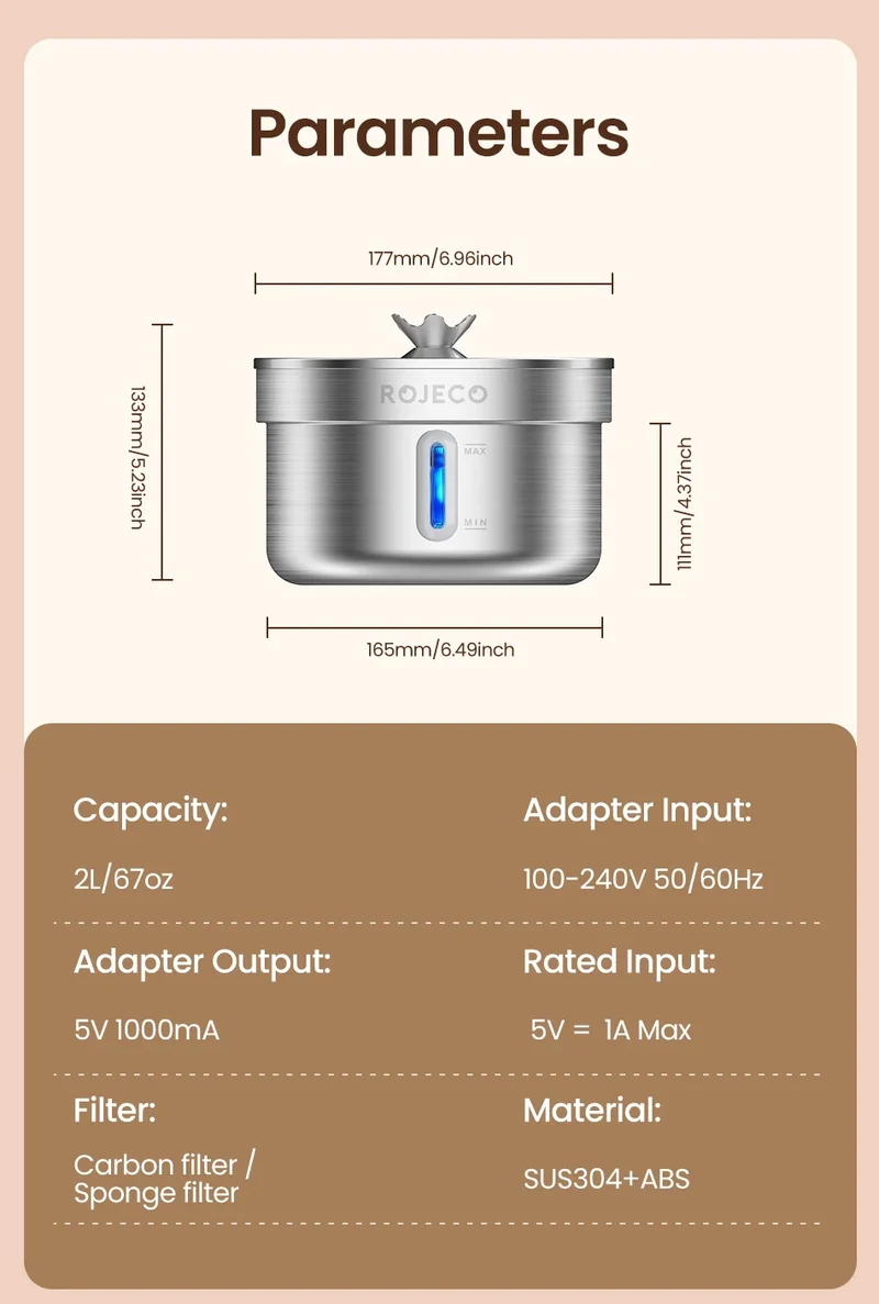 ROJECO Stainless Steel Pet Drinking Fountain Automatic Cat Water Fountain Smart Pet Water Dispenser for Dog Cat Drinking Supply