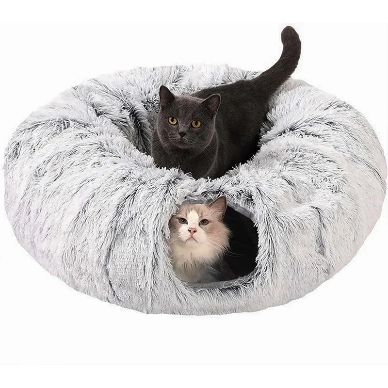 Winter New Arrival Plush Cat Tunnel Bed Foldable Two-in-One Round Warmth Pet Nest Thickened Cozy Cuddly Cat Hideaway
