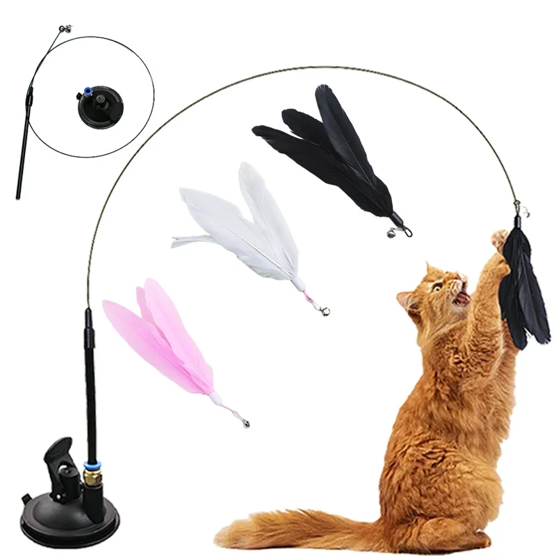 Interactive Cat Toy Handfree Cat Stick Kitten Playing Teaser Wand Toy Suction Cup Feather Wand Pet Supplies Simulation Feather
