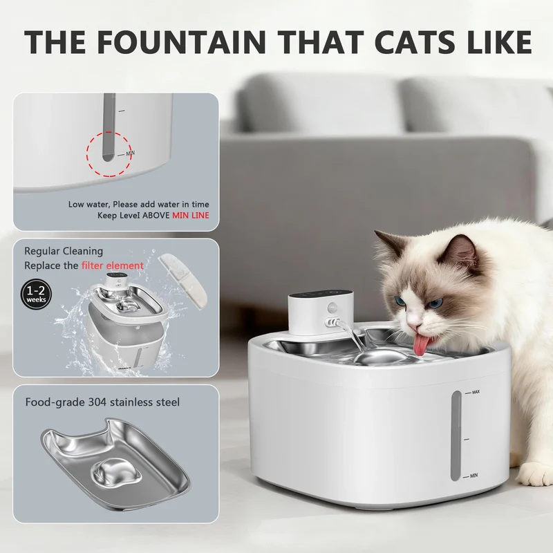 Wireless Cat Water Fountain 3.5L Pet Water Dispenser 4000mAh Long Lasting Battery Life Stainless Steel Pallet and Motion Sensing
