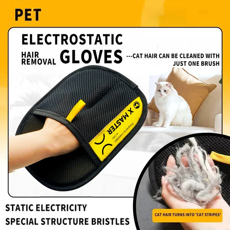 Pet Hair Remover Gloves Electrostatic for Cats Dogs, Reusable Washable Grooming Glove with 2-in-1 Lint Roller Brush - Safe Non-T