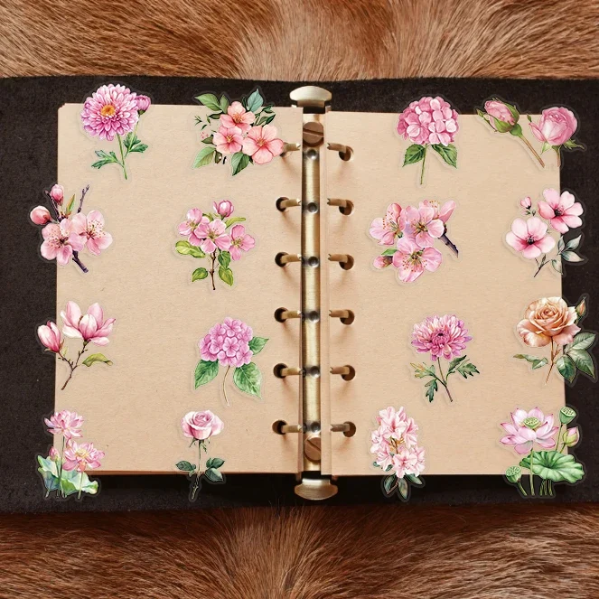 50pcs Pink Floral Stickers Flower Natural Journaling Notebook Water Bottle Decorative Decals Aesthetic Waterproof PET Sticker