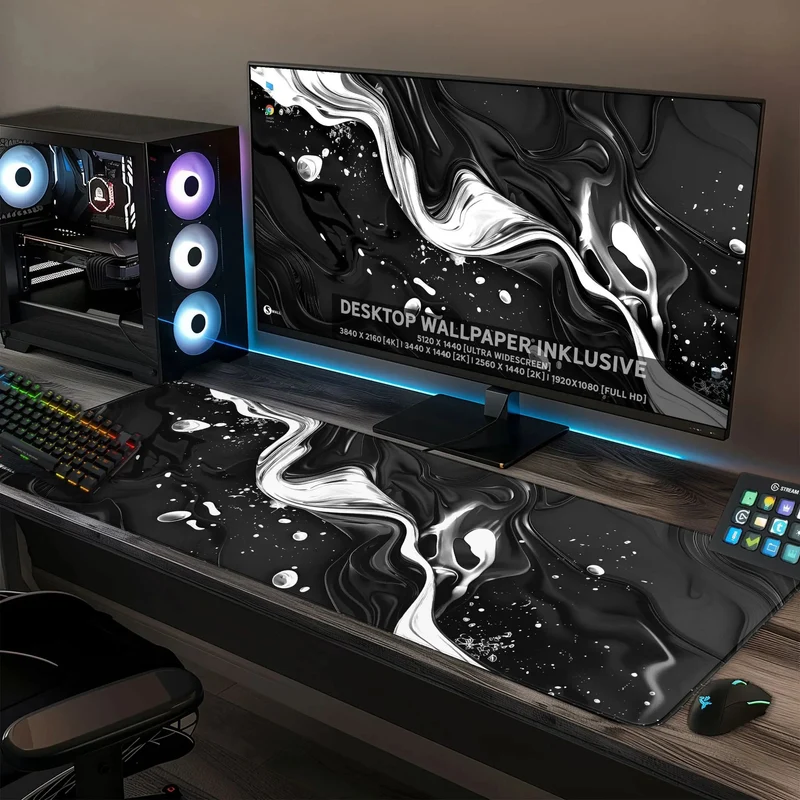 Gaming Mauspad XXL Liquid Stripe schwarz weiss 90x40 | 80x30 | 45x40 cm PREMIUM-DICKE 4 MM