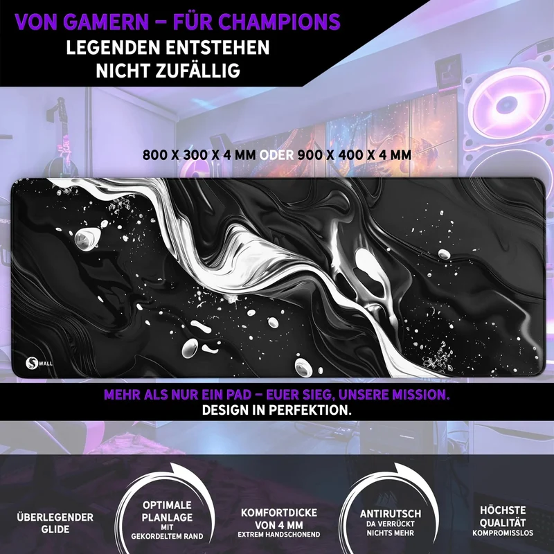 Gaming Mauspad XXL Liquid Stripe schwarz weiss 90x40 | 80x30 | 45x40 cm PREMIUM-DICKE 4 MM