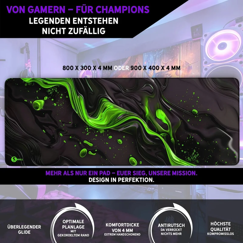 Gaming Mauspad XXL Liquid Stripe schwarz grün 90x40 | 80x30 | 45x40 cm PREMIUM-DICKE 4 MM