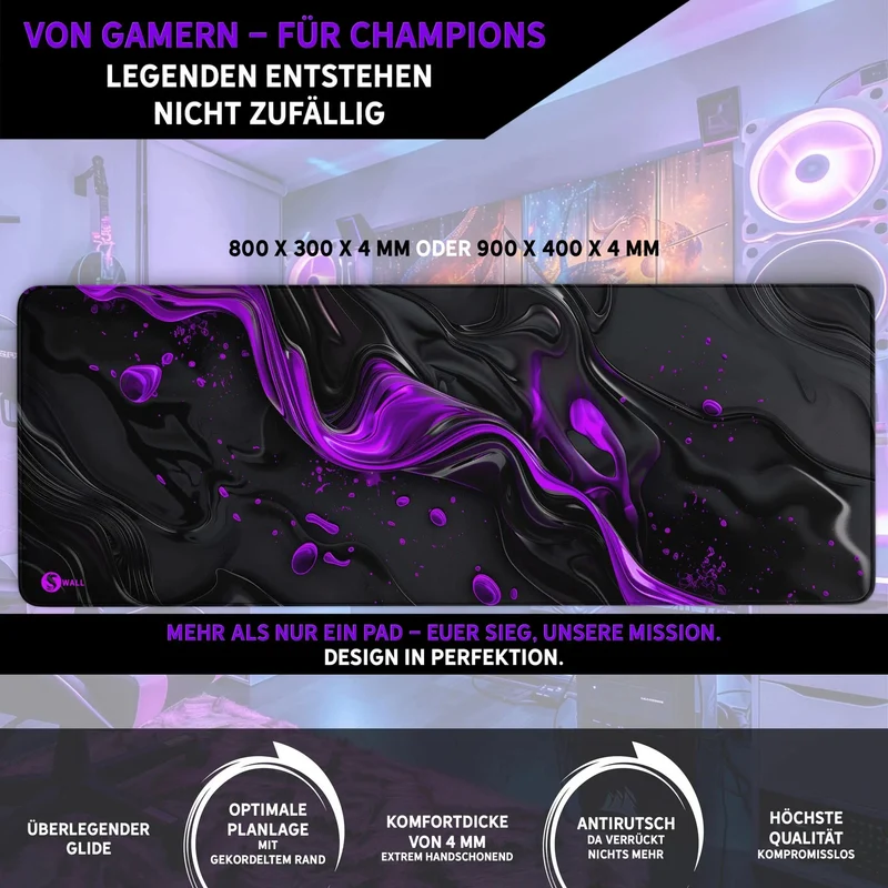 Gaming Mauspad XXL Liquid Stripe schwarz purpur 90x40 | 80x30 | 45x40 cm PREMIUM-DICKE 4 MM