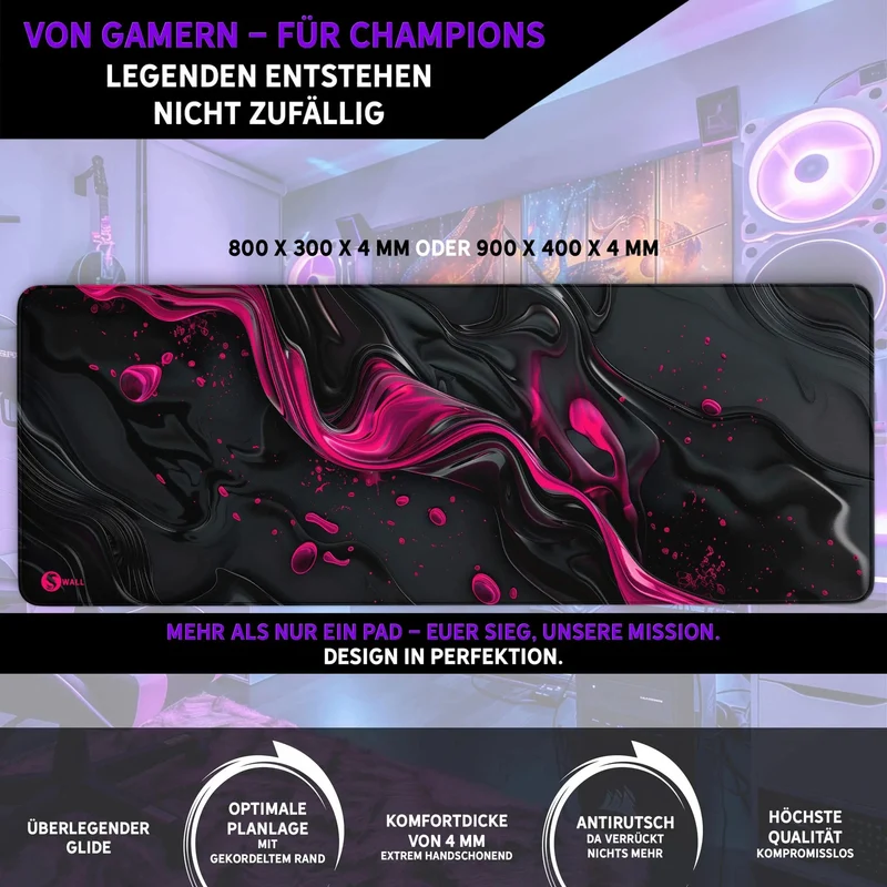 Gaming Mauspad XXL Liquid Stripe schwarz pink 90x40 | 80x30 | 45x40 cm PREMIUM-DICKE 4 MM