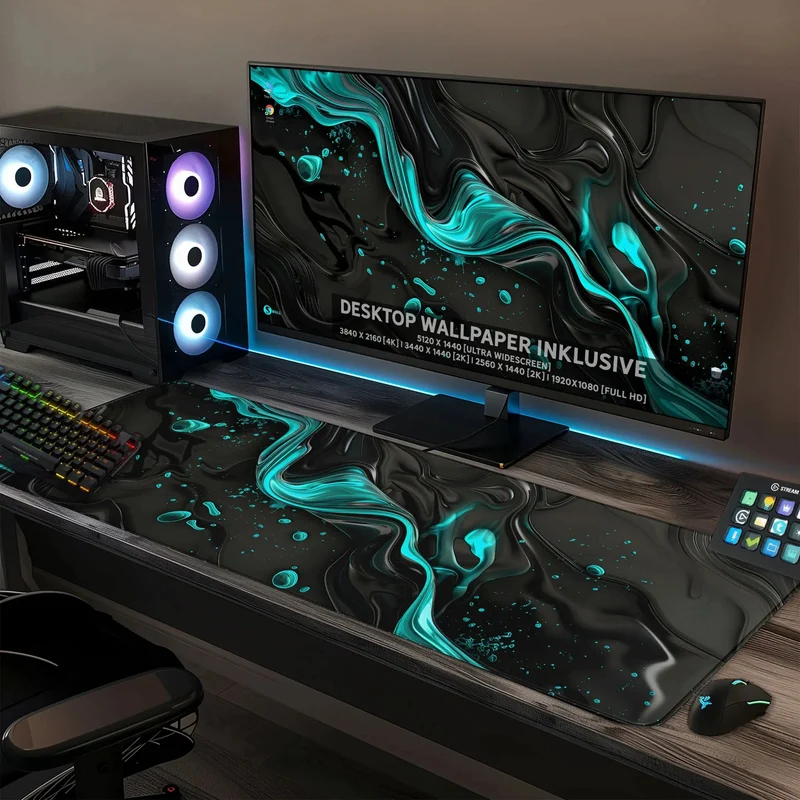Gaming Mauspad XXL Liquid Stripe schwarz hellblau 90x40 | 80x30 | 45x40 cm PREMIUM-DICKE 4 MM