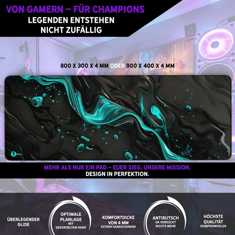 Gaming Mauspad XXL Liquid Stripe schwarz hellblau 90x40 | 80x30 | 45x40 cm PREMIUM-DICKE 4 MM