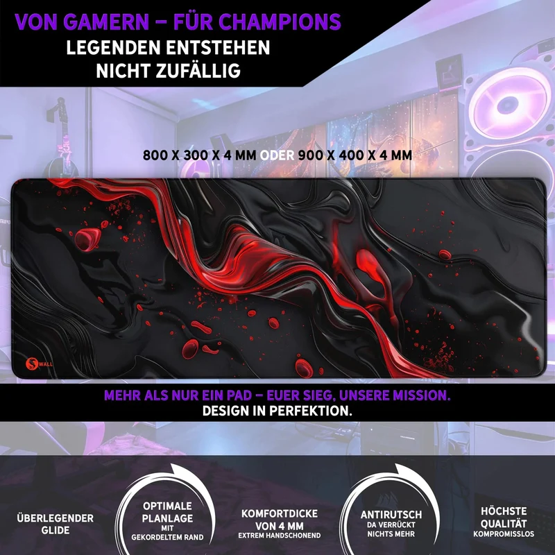 Gaming Mauspad XXL Liquid Stripe schwarz rot 90x40 | 80x30 | 45x40 cm PREMIUM-DICKE 4 MM