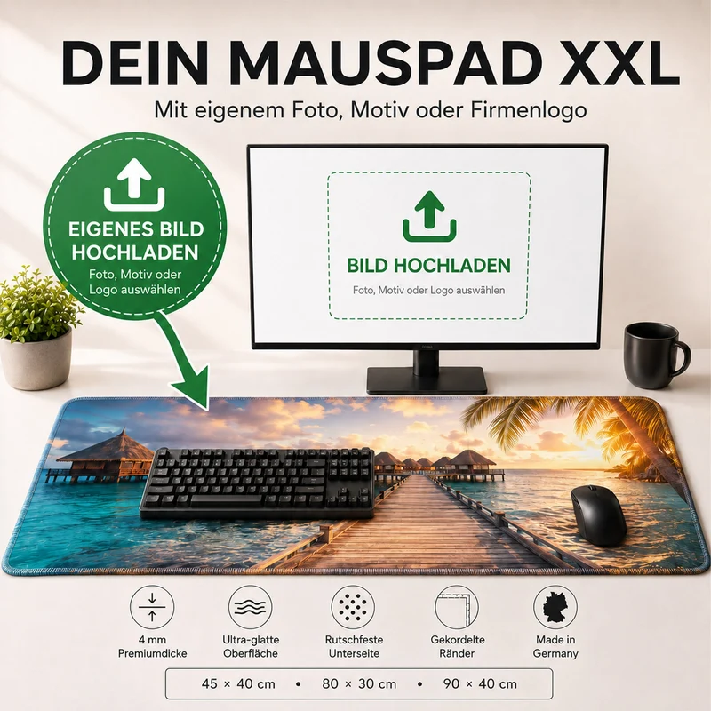 Gaming Mauspad XXL selbst gestalten mit Foto Logo Grafik – 90x40, 80x30, 45x40 cm – Premium 4 mm dick