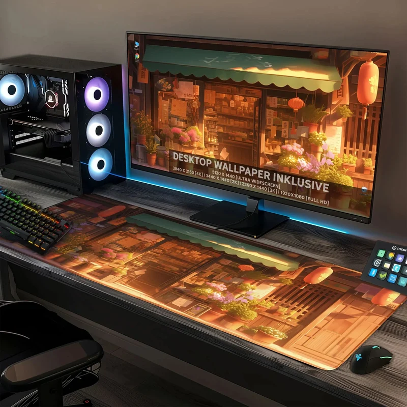 Gaming Mauspad XXL Japanischer Blumenladen LoFi 4mm Premium Schreibtischunterlage