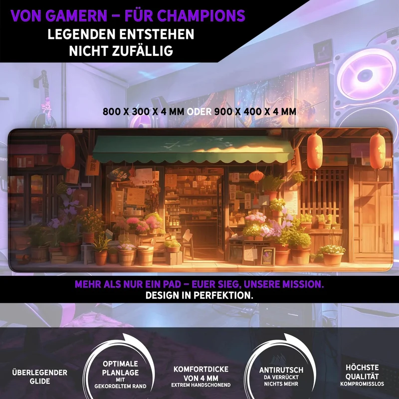 Gaming Mauspad XXL Japanischer Blumenladen LoFi 4mm Premium Schreibtischunterlage