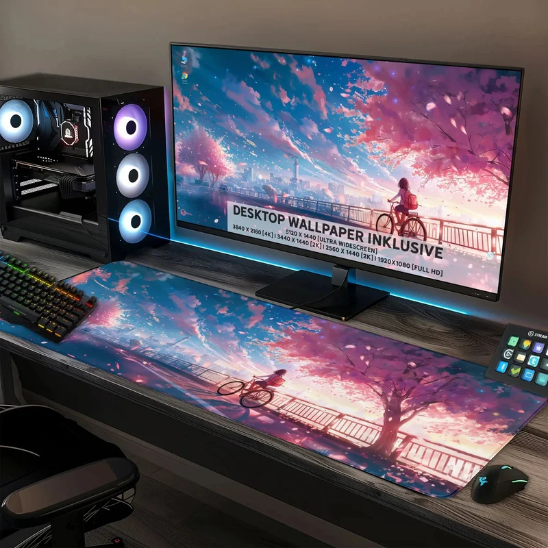 Gaming Mauspad XXL Sakura City Skyline Anime 90x40 | 80x30 | 45x40 cm 4mm Premiumdicke