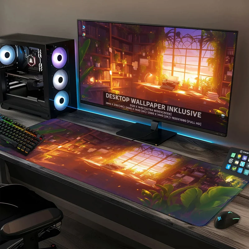 Gaming Mauspad XXL Studierzimmer Bookish LoFi Bücher 90x40 | 80x30 | 45x40 cm 4mm dick