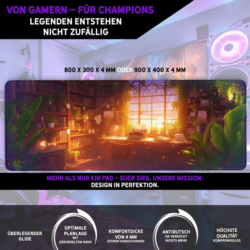 Gaming Mauspad XXL Studierzimmer Bookish LoFi Bücher 90x40 | 80x30 | 45x40 cm 4mm dick