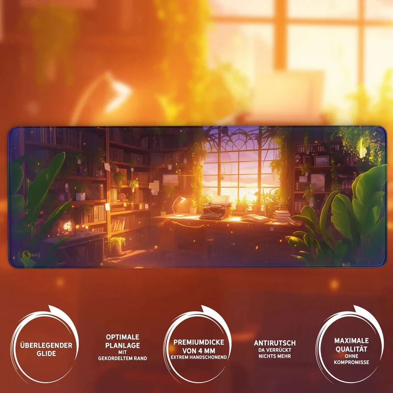 Gaming Mauspad XXL Studierzimmer Bookish LoFi Bücher 90x40 | 80x30 | 45x40 cm 4mm dick