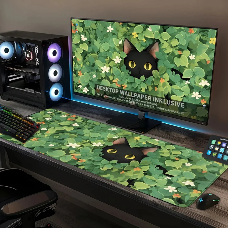 Gaming Mauspad XXL schwarze Katze LoFi 90x40 | 80x30 | 45x40 cm 4mm Premium