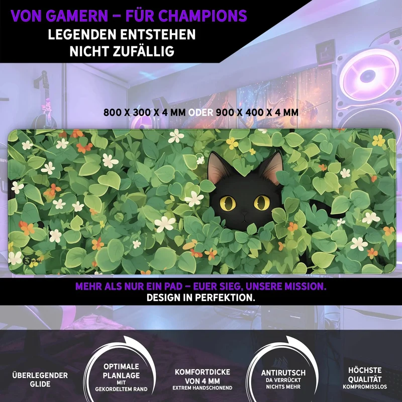 Gaming Mauspad XXL schwarze Katze LoFi 90x40 | 80x30 | 45x40 cm 4mm Premium