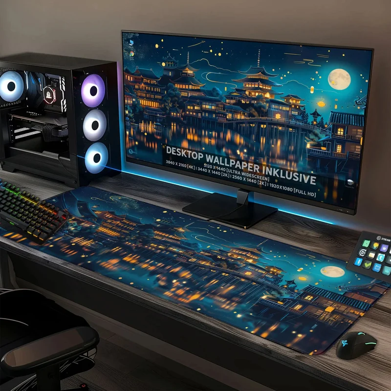 Gaming Mauspad XXL Chinesischer Tempel bei Nacht PREMIUM-DICKE 4 MM