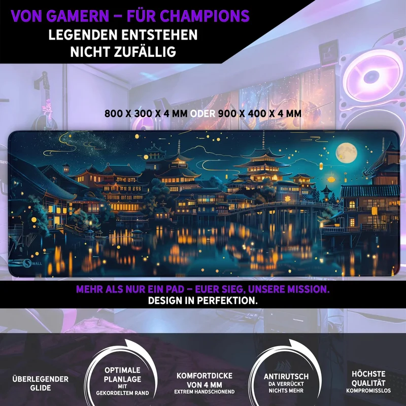 Gaming Mauspad XXL Chinesischer Tempel bei Nacht PREMIUM-DICKE 4 MM