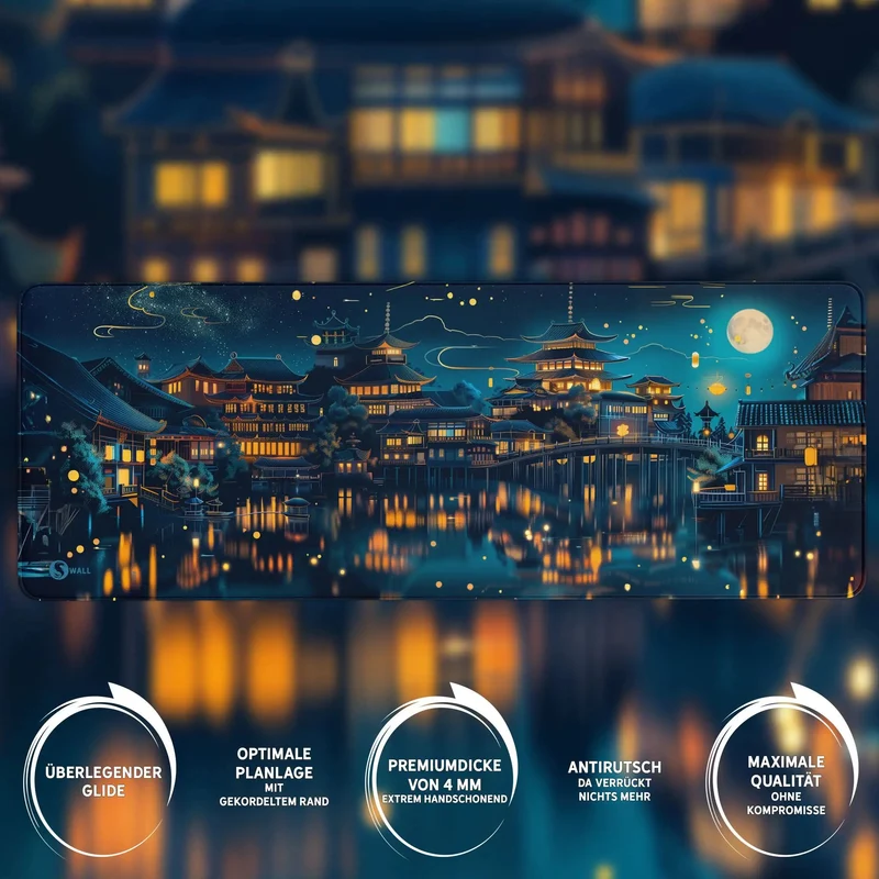 Gaming Mauspad XXL Chinesischer Tempel bei Nacht PREMIUM-DICKE 4 MM