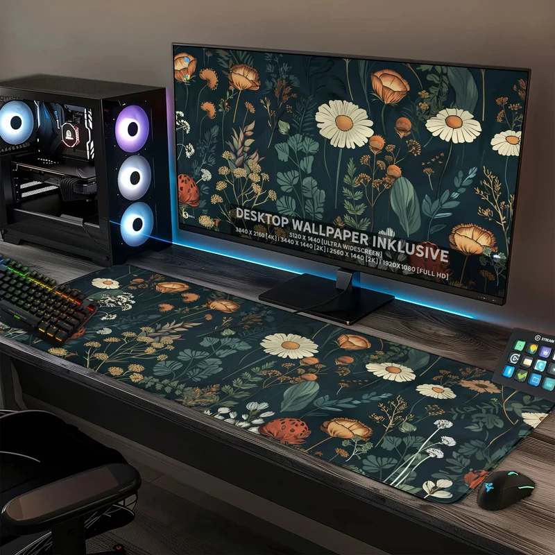 Gaming Mauspad XXL Floral Blumengarten 90x40 | 80x30 | 45x40 cm 4mm Premium Dicke