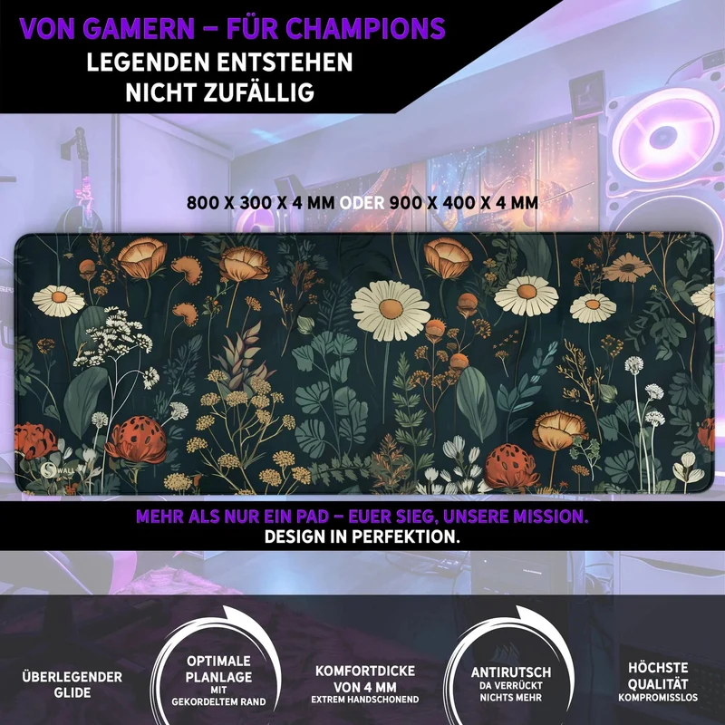 Gaming Mauspad XXL Floral Blumengarten 90x40 | 80x30 | 45x40 cm 4mm Premium Dicke