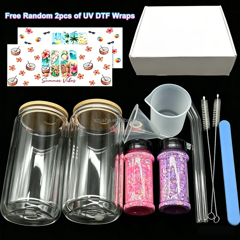 16 oz Snow Globe Glass Tumbler DIY Kit Supplies with UV DTF Cup Wraps Glitter Glass Bottle for Holiday Craft Gifts US Warehouses