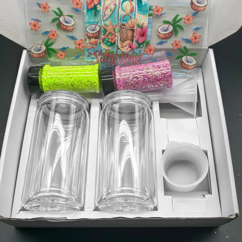 16 oz Snow Globe Glass Tumbler DIY Kit Supplies with UV DTF Cup Wraps Glitter Glass Bottle for Holiday Craft Gifts US Warehouses