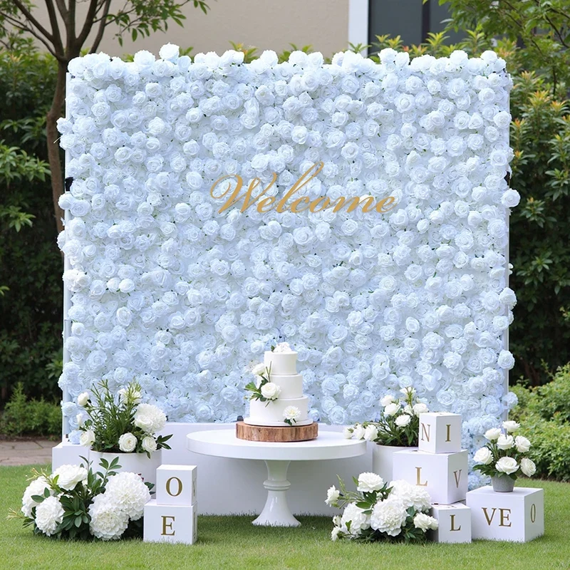 S-A8911Pure White Rose Rolling up Cloth Flower Wall Wedding Backdrop Props