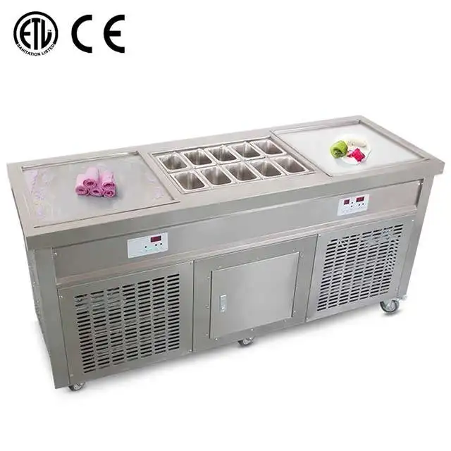 CE ETL Approval Popular Style Flat Double square Flat Pan Fry Ice Cream Machine with 10 Tanks Topping Freezer