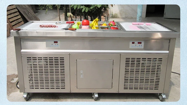 CE ETL Approval Popular Style Flat Double square Flat Pan Fry Ice Cream Machine with 10 Tanks Topping Freezer