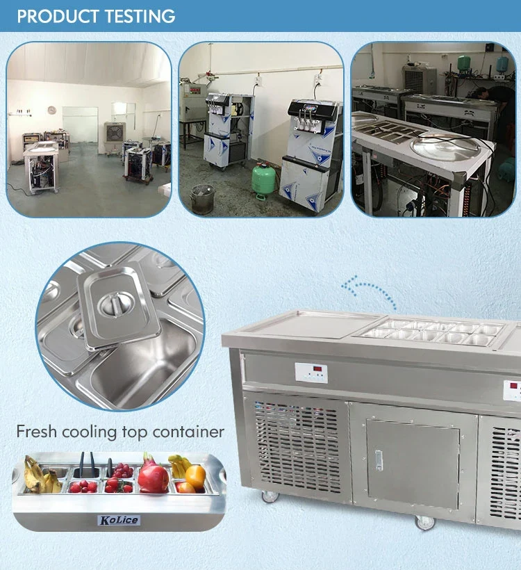 CE ETL Approval Popular Style Flat Double square Flat Pan Fry Ice Cream Machine with 10 Tanks Topping Freezer