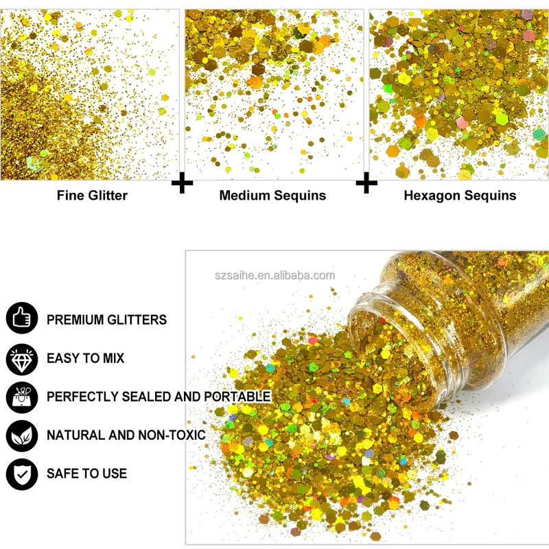 Hot Selling Solvent Resistance Mixed Chunky Glitter Bulk Nail Mugs Crafts Polyester Glitter in 2oz 24 Colors in Shaker