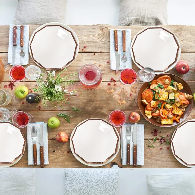 Eco-friendly Decagon Paper Plates Couples Birthday Party Food Safe Rose Gold Foil Trim Edge White Dinner Tableware Supplies