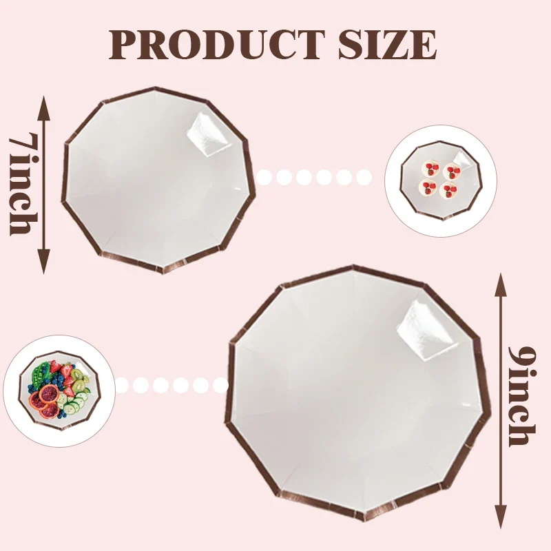 Eco-friendly Decagon Paper Plates Couples Birthday Party Food Safe Rose Gold Foil Trim Edge White Dinner Tableware Supplies