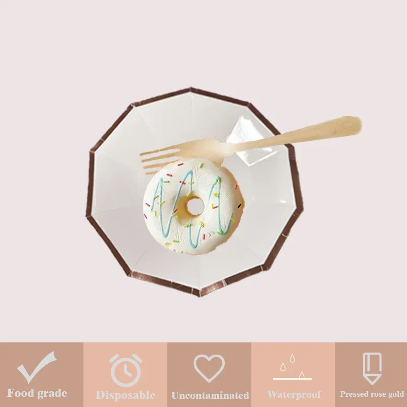 Eco-friendly Decagon Paper Plates Couples Birthday Party Food Safe Rose Gold Foil Trim Edge White Dinner Tableware Supplies