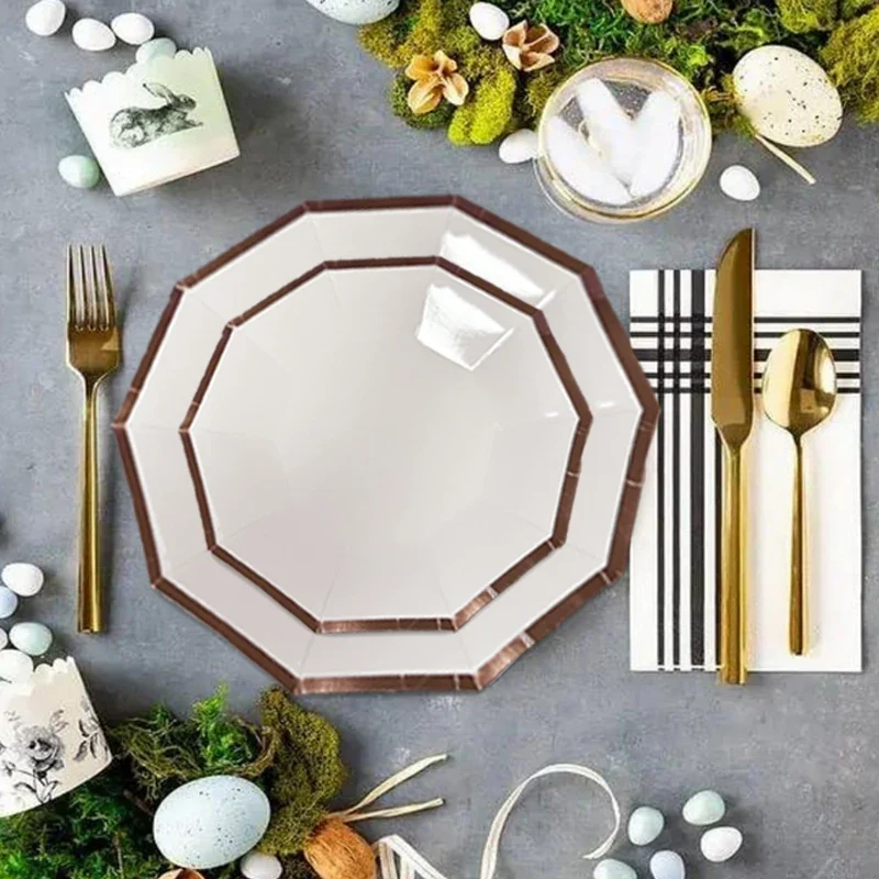 Eco-friendly Decagon Paper Plates Couples Birthday Party Food Safe Rose Gold Foil Trim Edge White Dinner Tableware Supplies