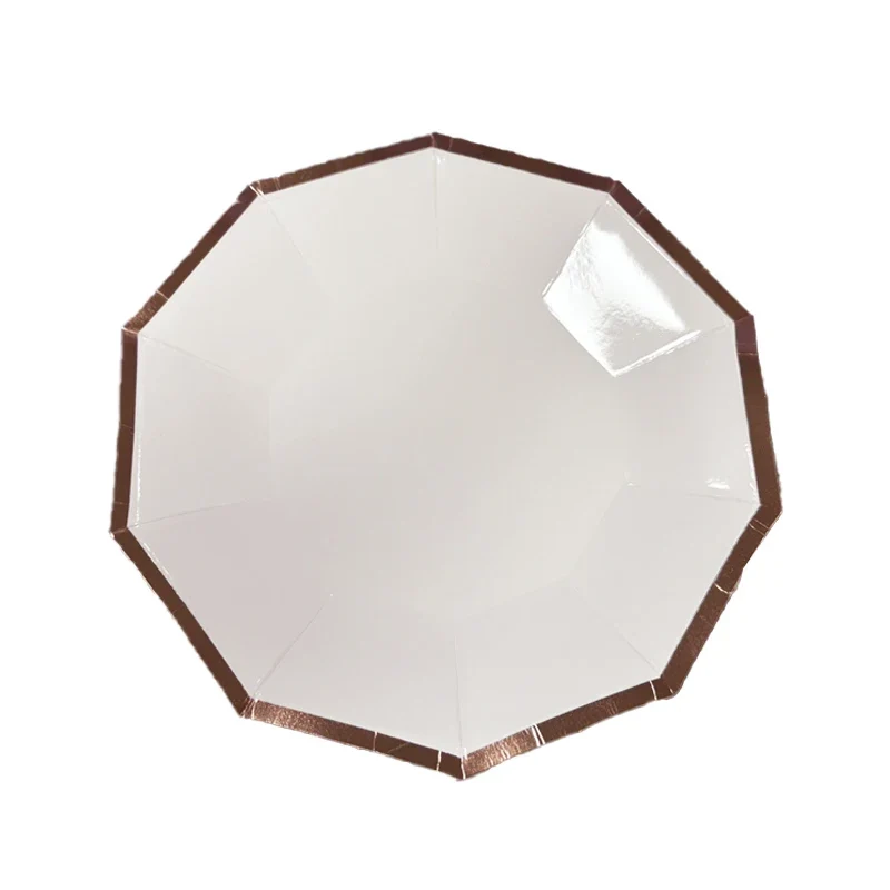 Eco-friendly Decagon Paper Plates Couples Birthday Party Food Safe Rose Gold Foil Trim Edge White Dinner Tableware Supplies